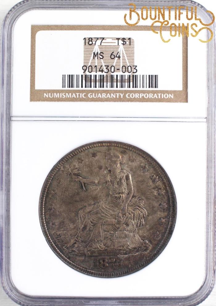 ~1877 NGC MS 64 Trade One Dollar T$1 Mint State Toned (U94)~