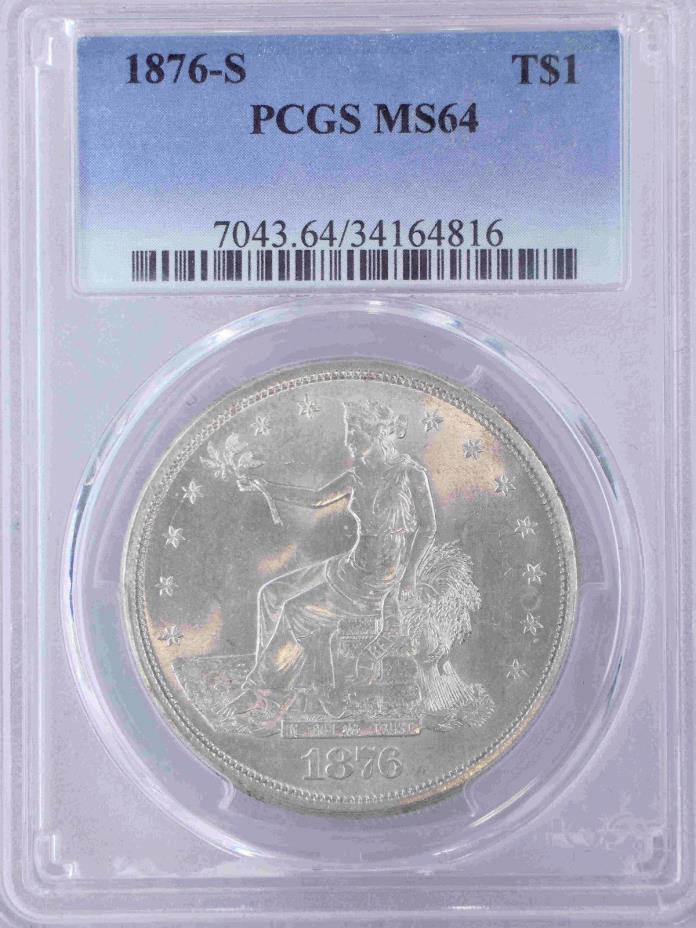 1876-S Trade Dollar PCGS MS64 Rare in Blast White Superb Luster, PQ #61S