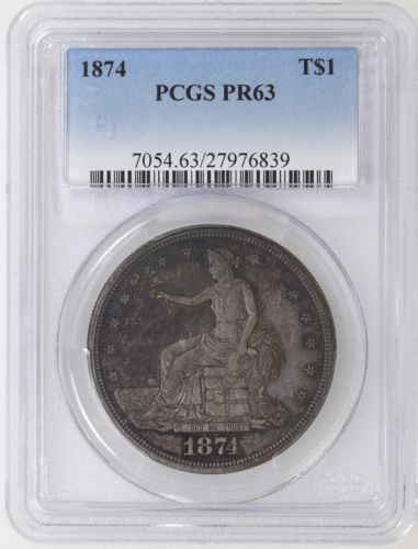 1874 PCGS PR63 Trade Silver Dollar Neat Color Low Mintage - I-14087