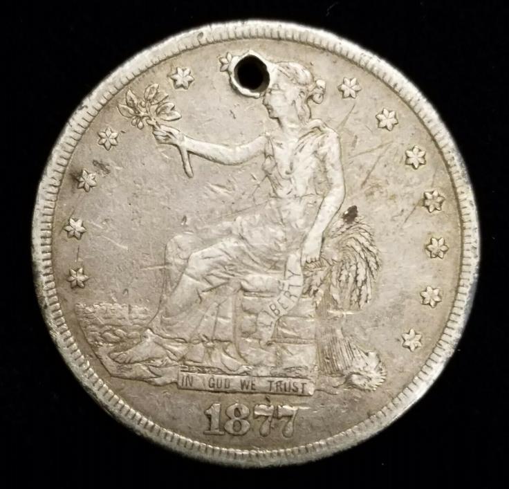 1877-S Trade Silver Dollar $1 w/ XF Details Holed