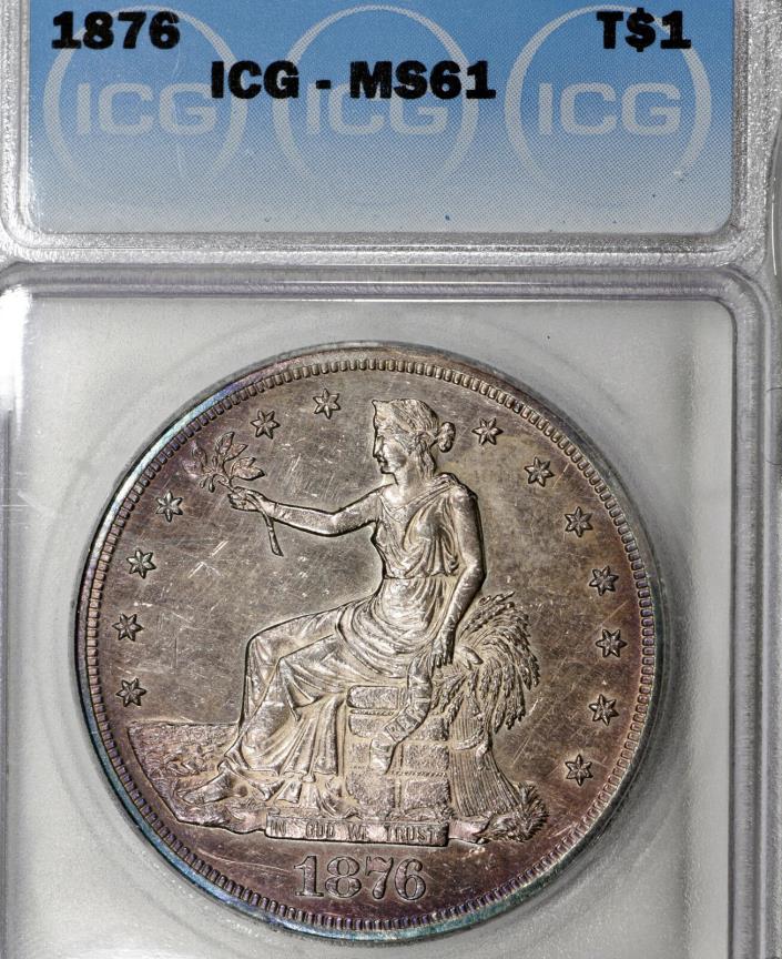 1876-P MS61 Trade Silver Dollar $1, ICG Graded, Nicely Toned & Prooflike Obverse