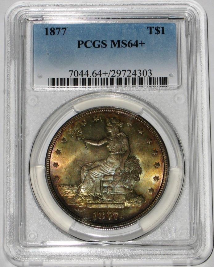 1877 Trade Silver Dollar PCGS MS64+ Double Sided Monster Rainbow Toned Gem