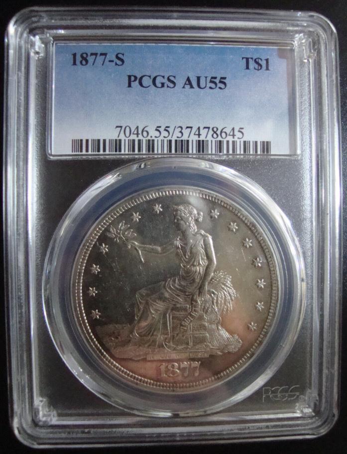 Better Date 1877-S Silver Trade Dollar - Attractive Toning - PCGS AU-55