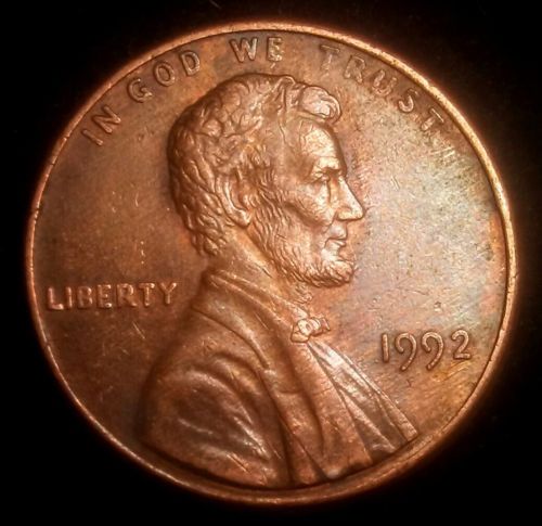 1992 Lincoln Memorial Cent Struck Through Grease 