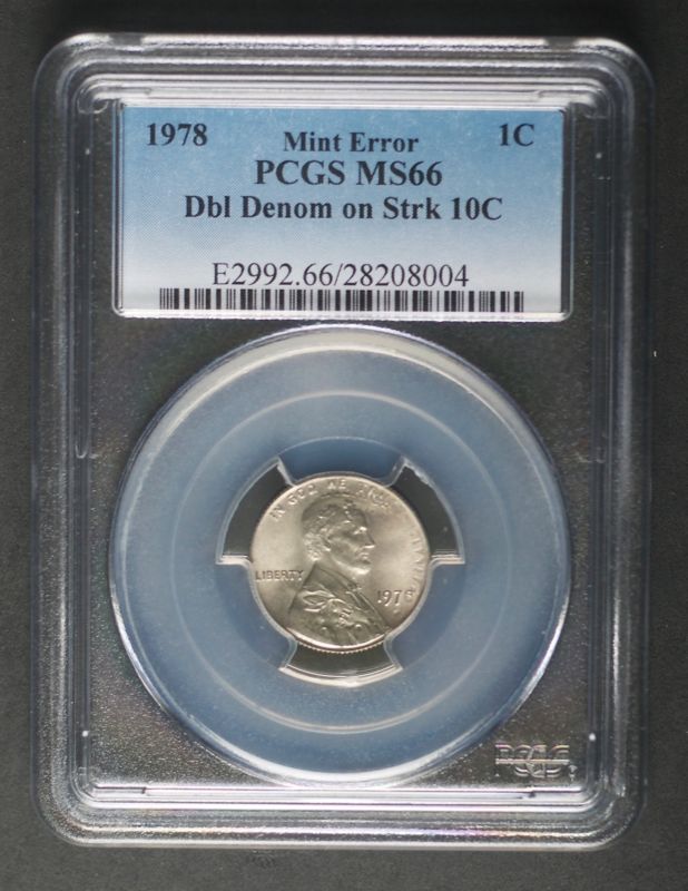 1978 Double Denomination Error - Penny Cent Struck on Dime, PCGS MS66, 1st Known