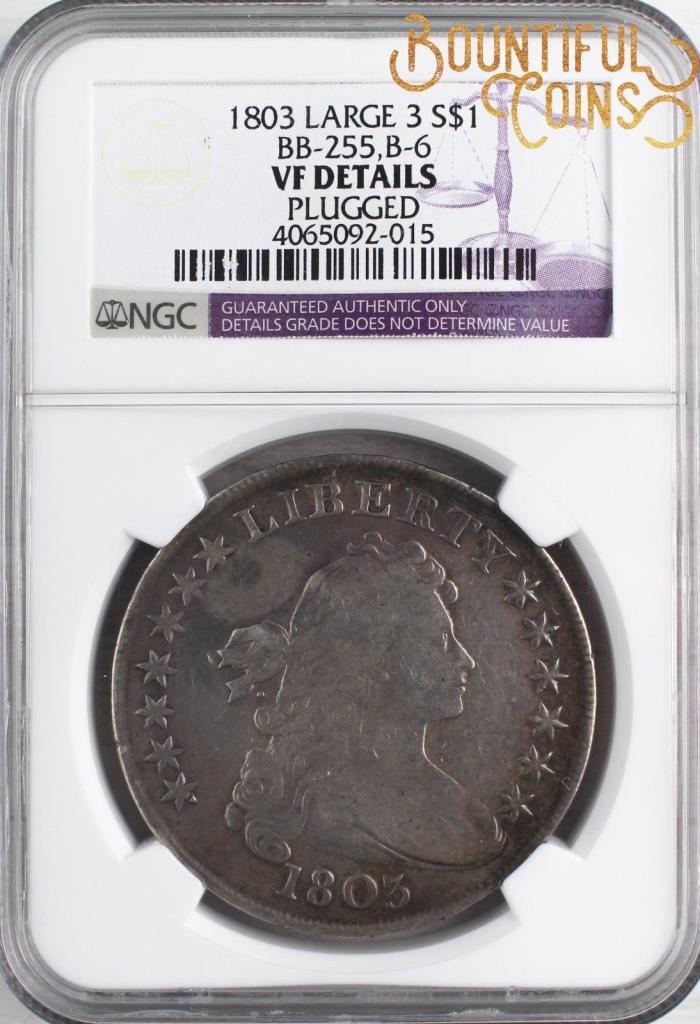 ~1803 NGC VF Details Large 3 BB-255, B-6 Draped Bust Dollar $1 Plugged (C3)~