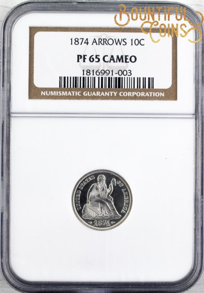 ~1874 NGC PF 65 Cameo Arrows Proof PR Seated Liberty Dime 10c Top Pop (T1)~