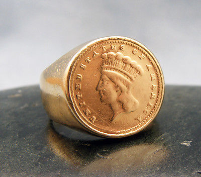 US 1862 $1 Indian Princess Head Gold Coin Ring, Size6-18K Yellow Gold Mount