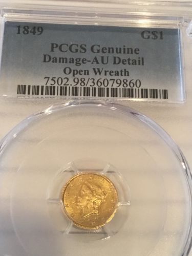 $1G One Dollar Gold Piece 1849 Open Wreath AU