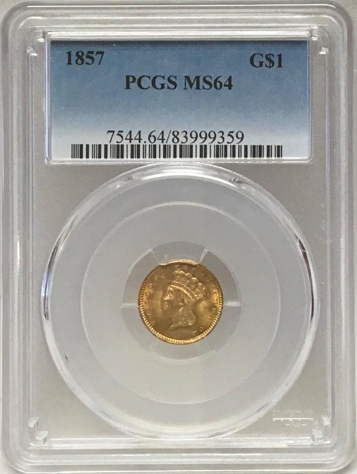 1857 $1 US GOLD TYPE 3, LARGE HEAD VARIETY (PCGS MS-64)