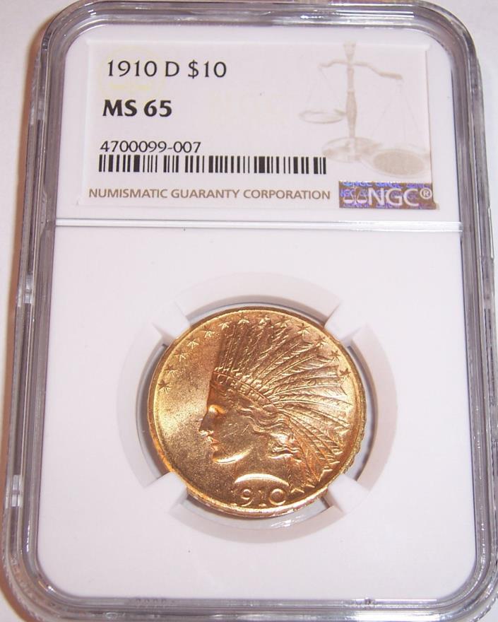 Excellent GEM 1910-D $10 Indian Head NGC MS65 Denver Gold Eagle!!!