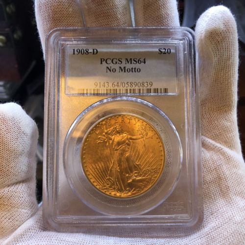 1908 D $20 No Motto Gold St. Gaudens PCGS MS64 -- Beautiful coin !