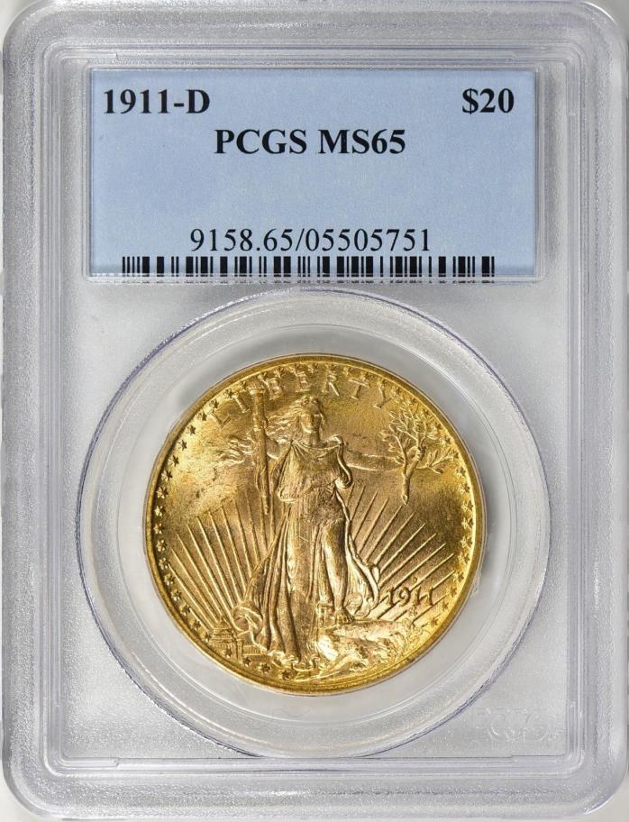 1911-D $20 LUSTROUS Saint-Gaudens Gold Double Eagle PCGS MS-65 FAB BEAUTY!!!