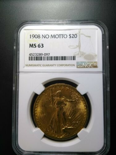 1908- $20 Saint Gaudens Gold Double Eagle(no motto) - MS 63 (NGC)