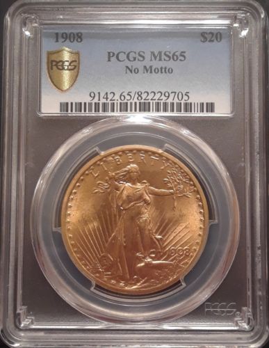1908 $20 Gold St. Gaudens No Motto MS65 PCGS Secure