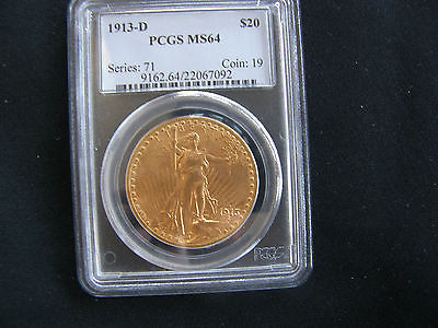 1913-D MS 64 $20.00 GOLD SAINT GAUDENS DOUBLE EAGLE PCGS CERTIFIED