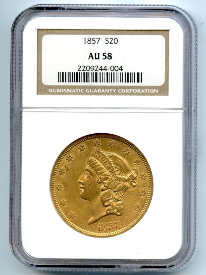 1857 $20 Liberty Gold Double Eagle AU-58 NGC - RARE GOLD COIN