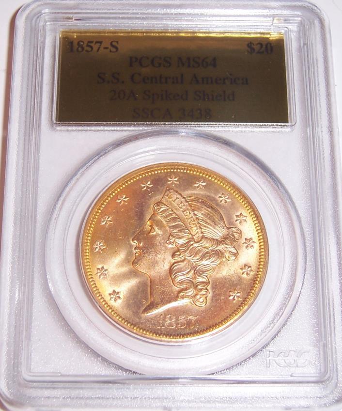 1857-S $20 Gold Liberty PCGS MS64, S.S. Cental America, 20A Spiked Shield!!!