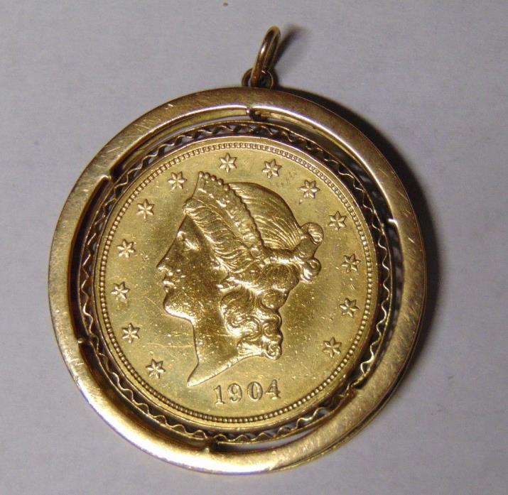 1904 $20 Liberty Gold Double Eagle In Fancy 14k Gold Bezel Coin Frame