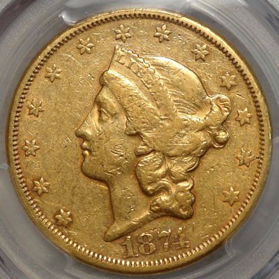 1874-CC $20 Gold Liberty, PCGS VF-35 Gold Shield, Rare Type 2 Carson City Gold