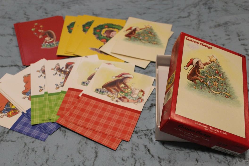 Vtg Curious George Christmas Card Set of 22 Cards Presents Lights Santa