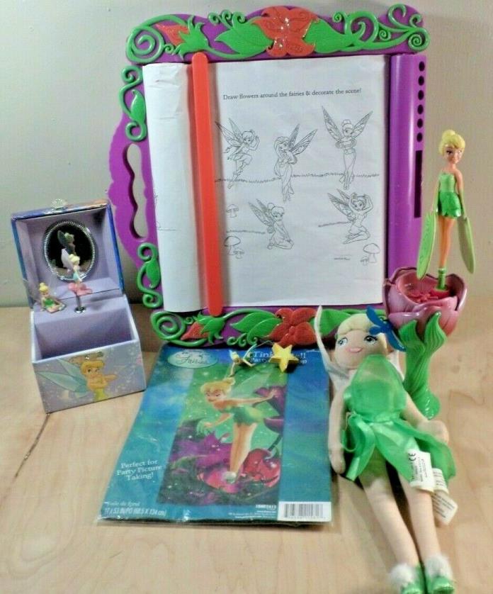 Disney Tinkerbell Toy Lot~Figurines~Coloring Set~Music Box~Plush Doll~Backdrop