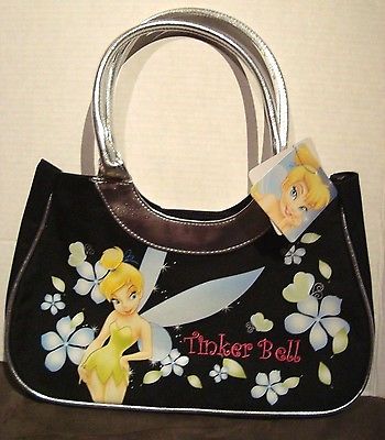 Tinkerbell Disney Purse Bag -Black w/ Glittery Tinker Bell & Flowers