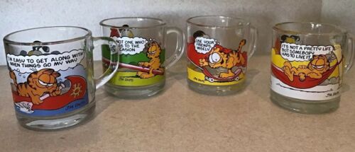 Vintage Garfield Mcdonalds Glass Coffee Cups Mugs Jim Davis 1978-80 Lot Of 4 EUC