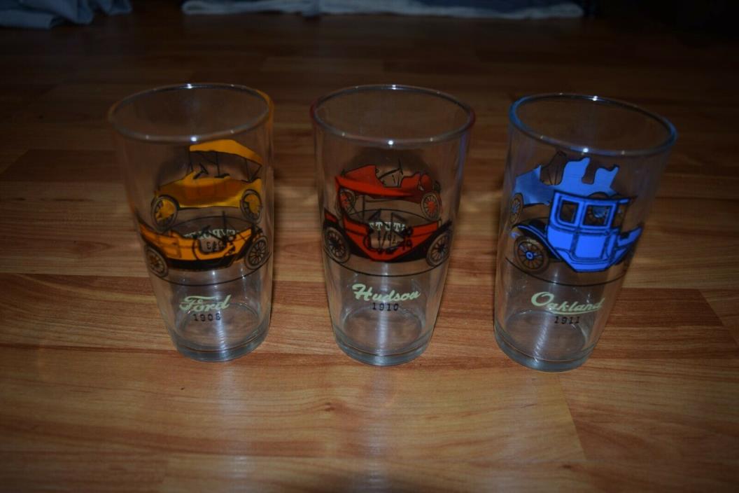 Set of 3 Old Timer's Autos Glass Tumblers - Hudson, Stutz, Oakland, Buick, Ford