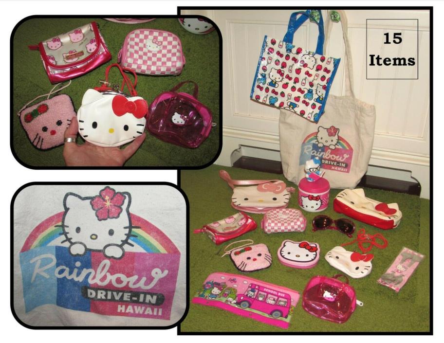 LOT of 15 Vintage Hello Kitty Items, Purses, Thermos, Bag, Rainbow Tote, & More