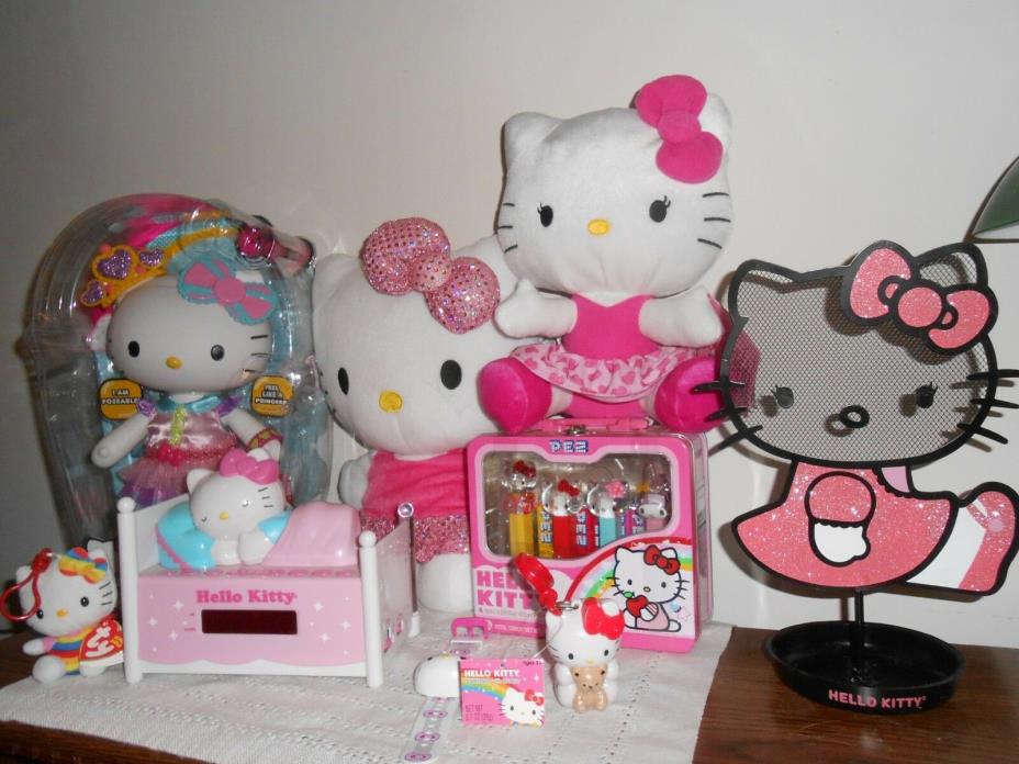 SANRIO HELLO KITTY LOT COLLECTIBLES BLIP Doll, Pez Set, Alarm Clock Backpack etc