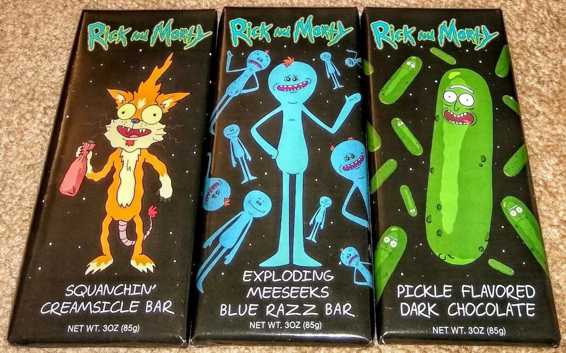 Rick & Morty Pickle Chocolate, Meeseeks Blue Razz & Squanchin' Creamsicle Bar