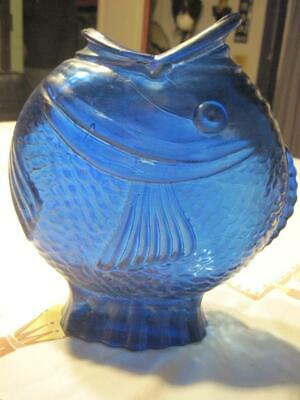 Vtg Blue Blown Glass Fish Vase   Heavy  Made in Spain 1960s