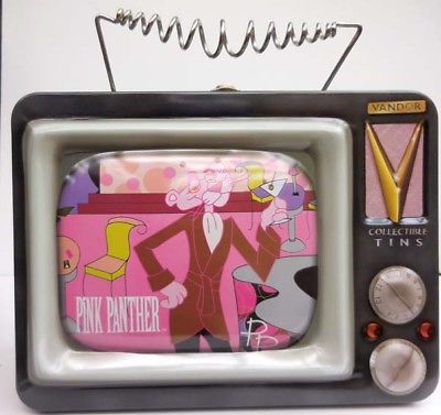 PINK PANTHER TV TIN TOTE, CURLY ANTENNA HANDLE, VANDOR ITEM #65069