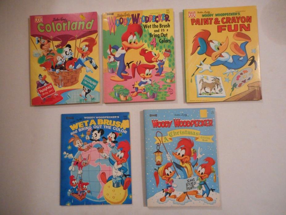 5 Old Walter Lantz Woody Woodpecker Coloring & Painting Books Unused 1964 - 1971