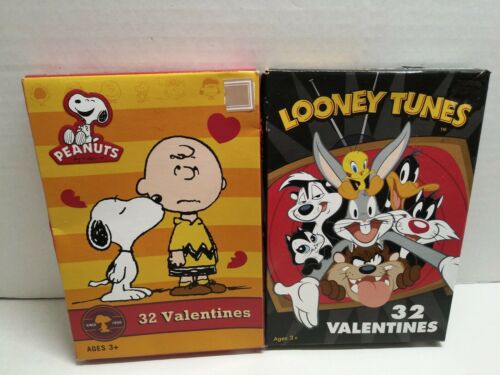 Lot Of 2 NEW 32 Count Packages Of Valentine's Cards Peanuts And Looney Tunes USA