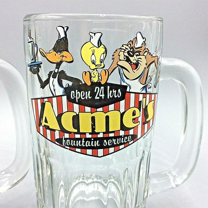 Looney Tunes Glass Mugs Acme's Fountain Service Daffy Tweety Taz  Set of 2