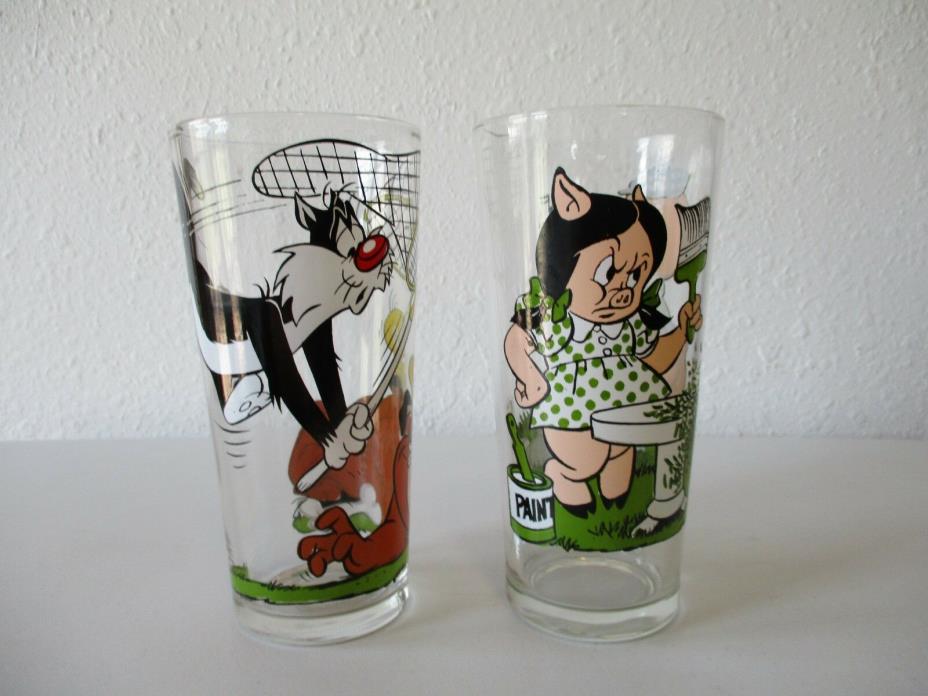 2-1976 Pepsi Warner Bros Glasses-Porky Pig w/Petunia & Sylvester w/Tweety Thick
