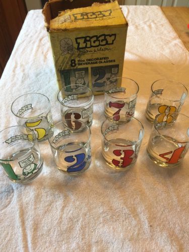 Set Of 8 Ziggy By Tom Wilson Glasses 1977 Federal Glassware W Box