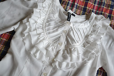 White Elegant Button Up Blouse Top Shirt 3/4 sleeve NWT Lolita Doll Ruffle Bib