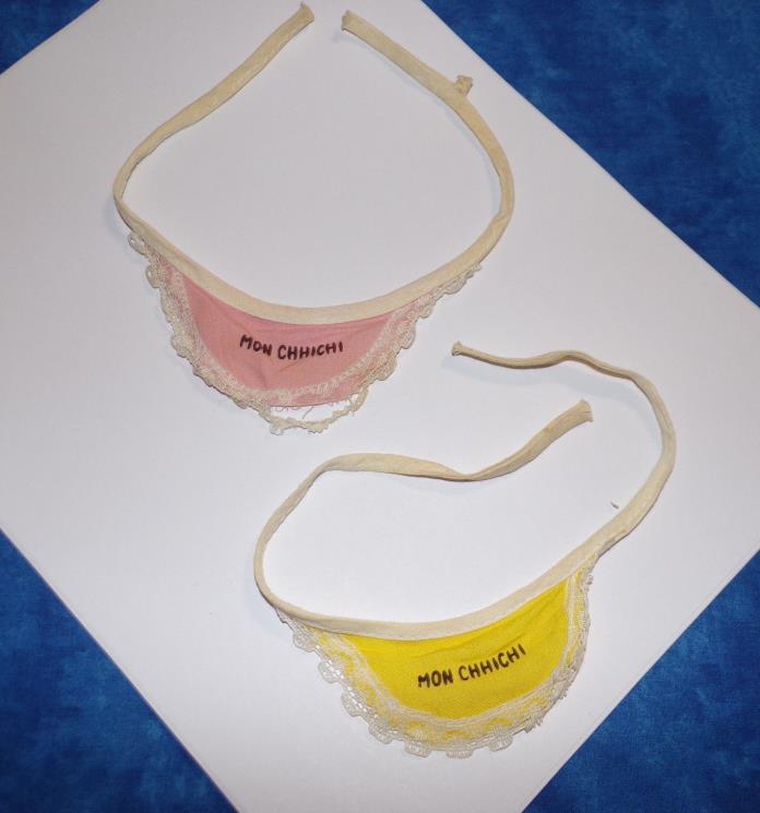 Vintage Mon Chhichi Doll Yellow Pink White Lace Trimmed Bibs Pair of 2
