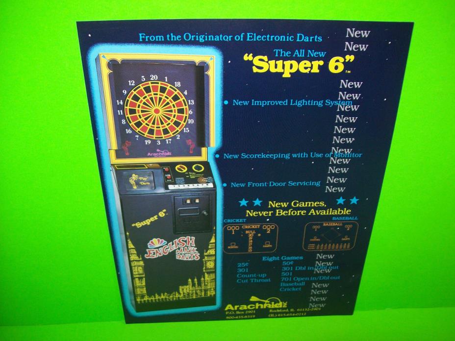 Arachnid SUPER 6 Original Vintage 1987 Coin-Op Darts Arcade Game Sales Flyer