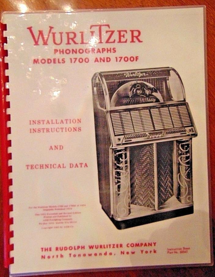 Wurlitzer 1700 1700F Jukebox Phonograph Music Installation & Data Manual