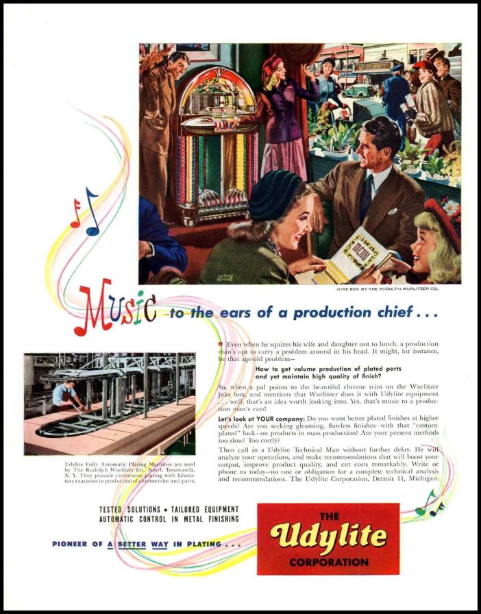 1949 Wurlitzer JukeBox family restaurant Udylite Corp vintage art Print Ad ADL15