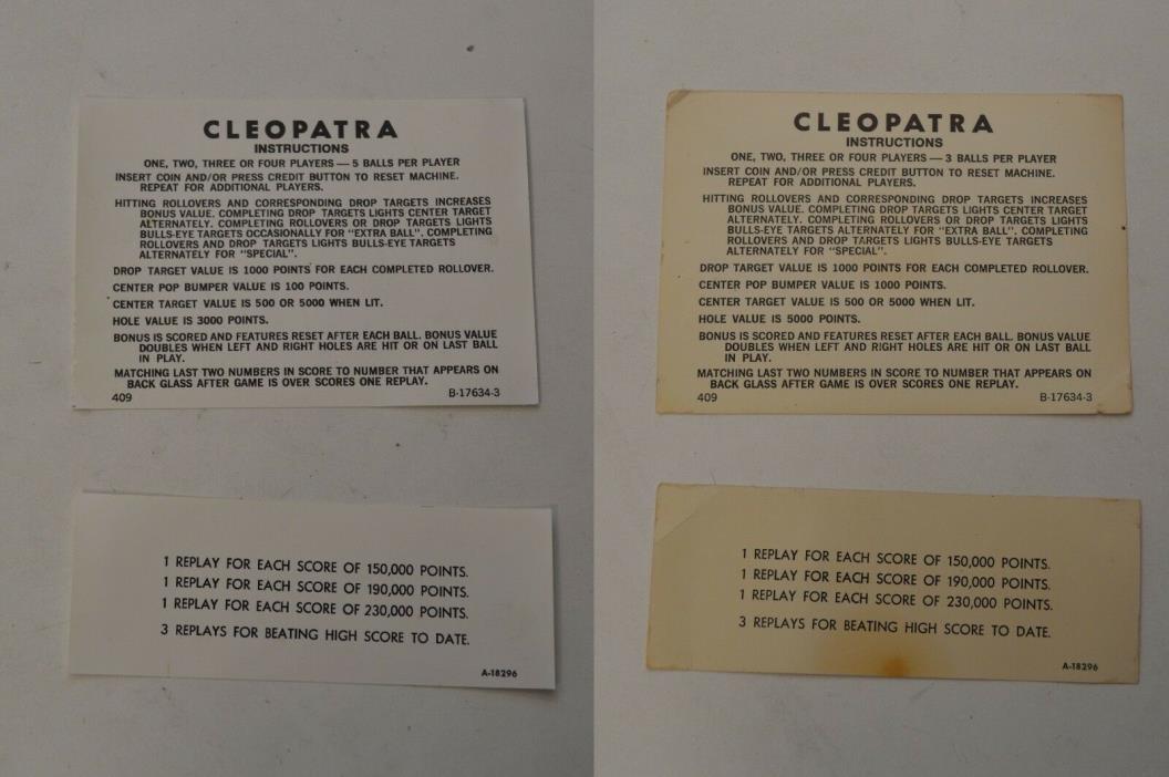 Gottlieb Cleopatra Pinball Machine Original Score & Instruction Cards - 2 pairs