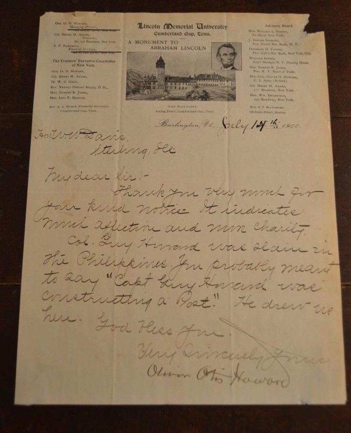 General Oliver Otis Howard 1900 Autograph on Lincoln Memorial U Stationary