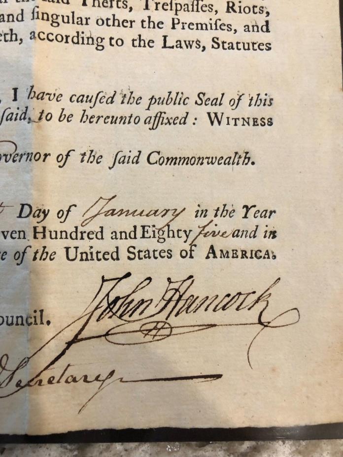 Large Signed Autographed John Hancock Document 1785  as Governor /Fine Condition