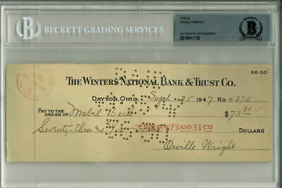 Orville Wright Authentic Signed 3x8.5 Check Dated September 25, 1947 BAS Slabbed