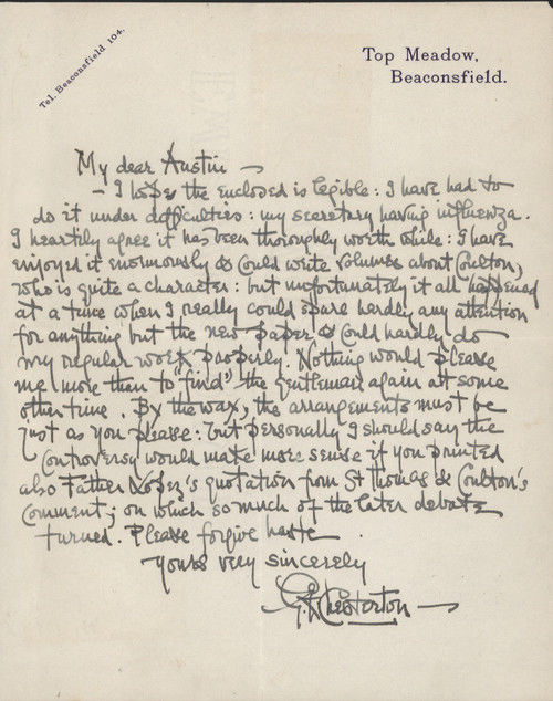 G. K. CHESTERTON: 1925 Autograph Letter Signed & 
