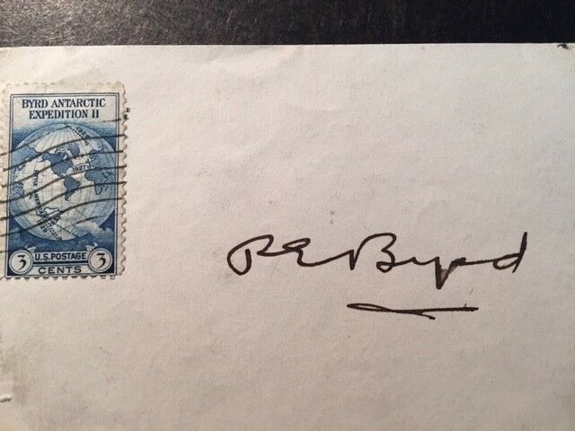 RICHARD E. BYRD AUTOGRAPH ON CARD WITH BYRD ANTARCTIC EXPEDITION 3 CENT STAMP